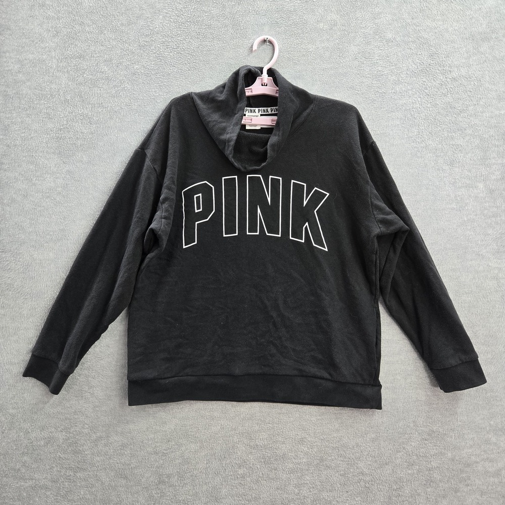 PINK Victoria's Secret Women Sweatshirt M Black Cowl Neck Logo Fleece Pullover